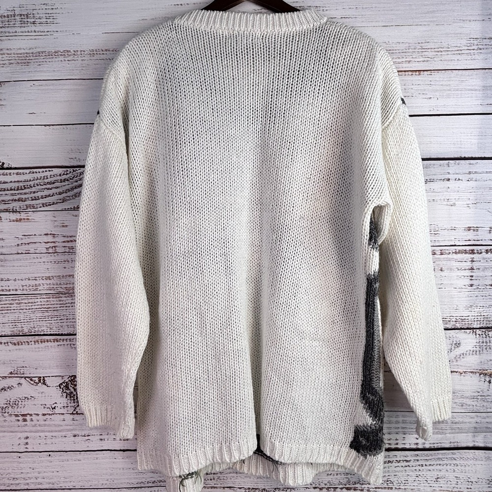 Vintage 80s Sweater L Floral Geometric Granny Kitsch Tunic Cream Gray Pink - Picture 5 of 12